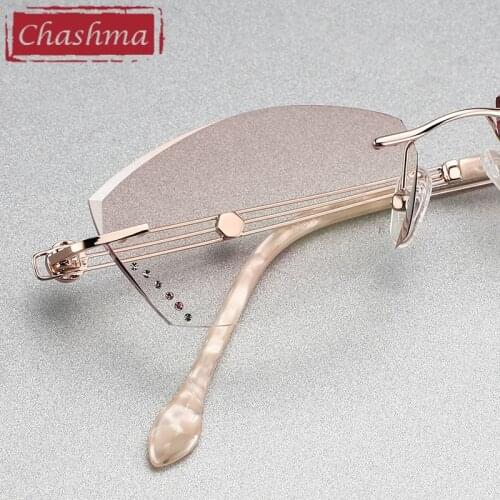 Anti Blue Ray Rimless Frame Women Prescription Glasses Brown Colored Lenses for Eye with Diamonds Myopia Spectacles
