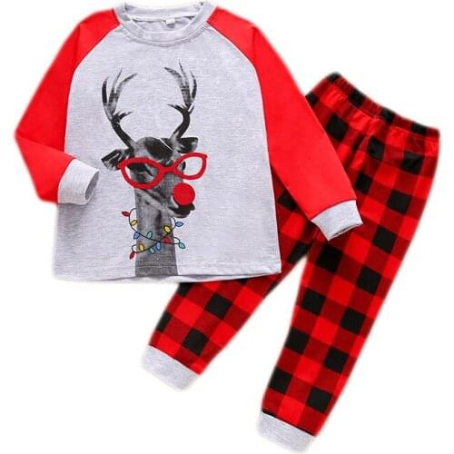 Children Christmas Pajama Sets Autumn Winter Kids Boy Girl Two-piece Sleepwear Deer Print Pullover Red Plaid Long Pants 1-7Years
