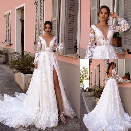 Pentelei 2020 Long Sleeve Wedding Dresse High Side Split Bridal Gowns V Neck Lace Appliqued Country Garden Robes De