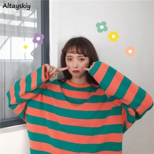 Striped T-shirts Women Panelled Japanese Style Loose Leisure Popular BF Unisex Couple Harajuku Chic Female Top Trendy All-match