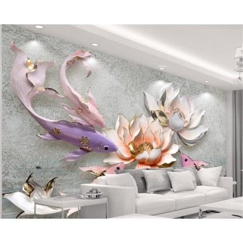 Custom HD 3D Wallpaper Relief Lotus Fish Retro Photo mural TV Background Wall wall papers home decor papel parede Beibehang