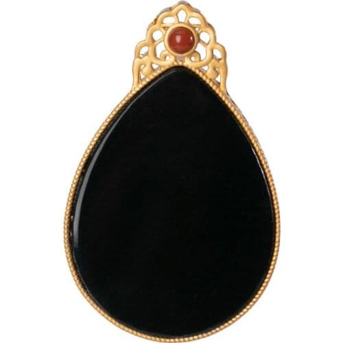 S925 sterling silver gold plated Natural Hetian jade Dark jade Pendant Retro Hollow out Drop-shaped Sweater chain Pendant