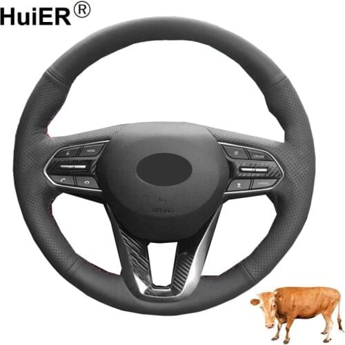 Hand Sewing Car Steering Wheel Cover Wrap Cow Leather For Hyundai Santa Fe 2019 2020 Braid On The Steering Wheel Funda Volante