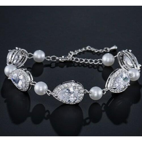 SLBRIDAL Sparkling Charm Fashion Pearls AAA Cubic Zirconia Bracelet Girls CZ Daily Bracelet Gift Wedding Bridal Women Jewelry