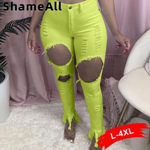 Plus Size Neon Green High Waist Sexy Ripped Hollow Jeans for Women 4XL Fall Stretchy Skinny Denim Pencil Pant Street Trouser Y2K