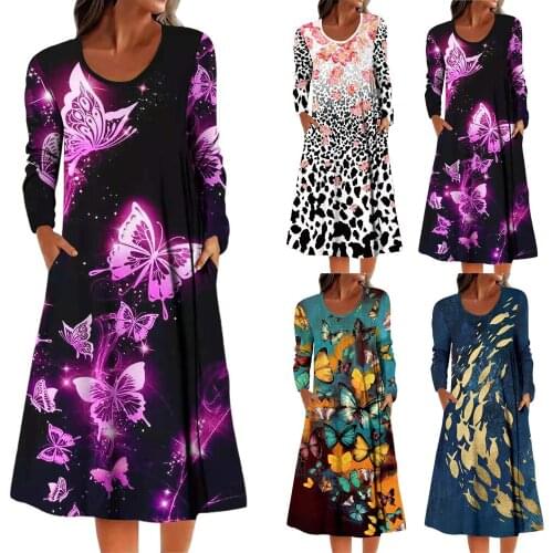 New Women Fashion Autumn Winter Dress Butterfly Leopard Print Long Sleeve Pocket A-line Female Dresses Casual Party Vestido Robe
