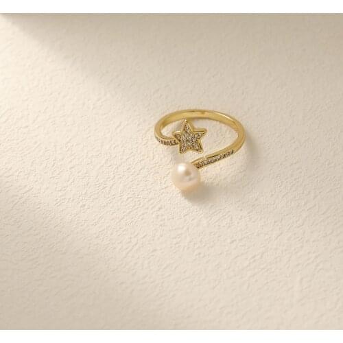2021 New Personality Vintage Trendy Freshwater Pearl Simple Zircon Star Brass Ring/14K For Women Girls Party Jewelry Hotsale