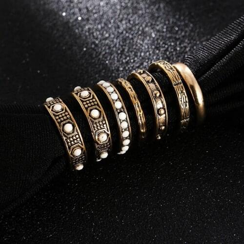 7 Pcs/set 2019 Fashion Womens Bohemian Ancient Gold Alloy Rings Set Vintage Hexagon Geometric Pattern White Acrylic Ring Gifts
