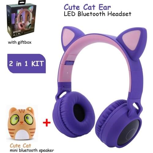 Cat Ear Paw Headset Wireless Bluetooth-Compatible 5.0 Headpones with Mic+Mini Animal Bluetooth-Compatible Speaker Kids Gift