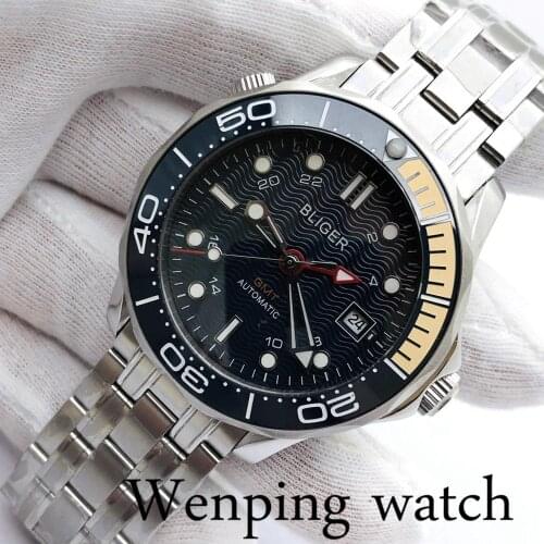 Bliger 41mm Silver Case Sapphire Glass Ceramic Bezel Dark Blue Dial Luminous Mens Top GMT Business Automatic Mechanical Watch