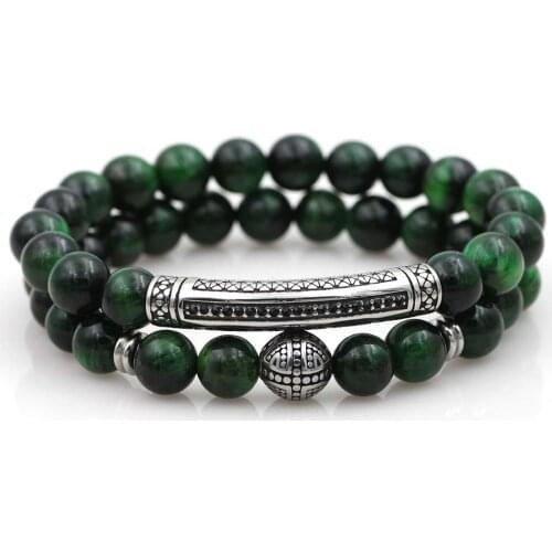 Natural Stone Green Blue Purple Red Tiger Eye Bead Bracelet Stainless Steel Ball Tube Charms Bracelet Jewelry for Men Women