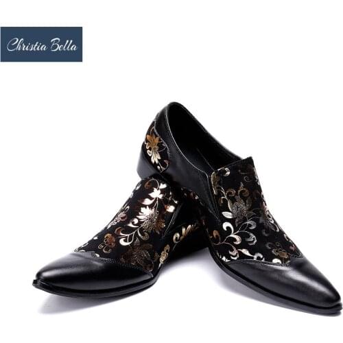 Christia Bella Gold Pointed Toe Dress Shoes Fashion Floral Print Genuine Leather Men Shoes Italian Business Men Formal Shoes