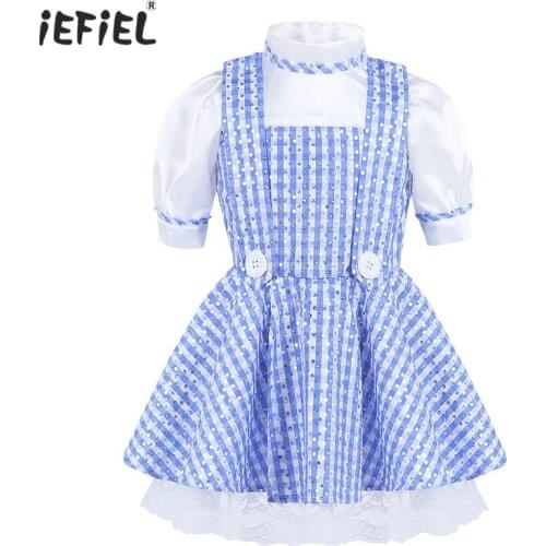 Blue Kids Girls Flower Dress Bubble Sleeves Glitter Polka Dots Plaid Halloween Costume Dress with Faux Shoulder Straps SZ 12 M-8