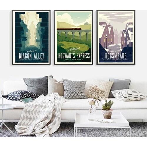 Hd Print Vintage Art Painting Diagon Alley Express Hogsmeade Retro Posters Travel Landscape Posters Wall Art Picture