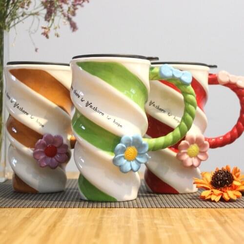 Coffee mug Painted Flower Cup Fashion Creative Ceramic Cup High capacity Mug With Lid Simple Coffee Cup Family party drinkware