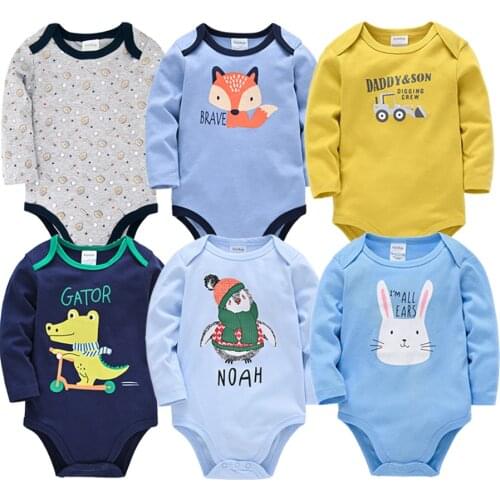 Kavkas Baby Boy Rompers 3 6 PCS/set 100% Cotton Cool Cartoon Print Long Sleeve Autumn Clothes Newborn Jumpsuit Outfits