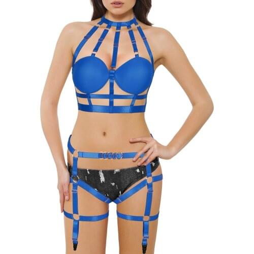 Royal Blue Hanging Neck Bra Cup Bondage Chest Goth Punk Adjust Waistband Suspender Sexy Lingerie Dance Rave Body Harness Fashion