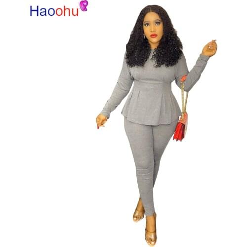 HAOOHU Women Casual Two Pieces Solid Tracksuits Long Sleeve Peplum Shirt Top and Skinny Pants Set