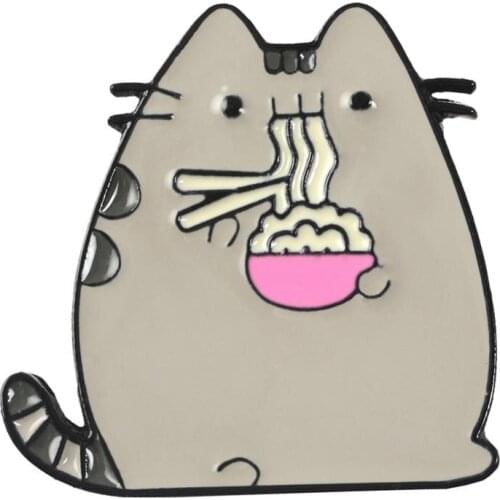 Fashion Cute Metal Cartoon Funny Enamel Brooch Fat Cat Eating Noodles Alloy Brooches For Women Jewelry Gifts