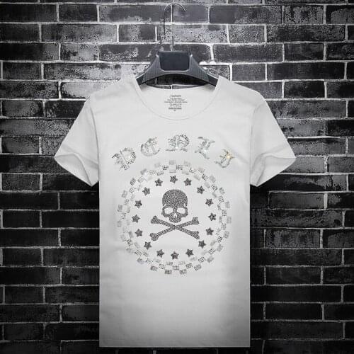 Skull 2021 Rhinestones T Shirt Men England Style Fashion Clothing Streetwear O Neck Short Sleeve Modal Cotton Calaveras Camiseta