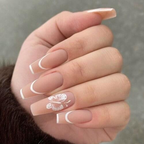 24pcs/Set Nude Matte Fake Nails Extra Long White Butterfly Pattern Ballerina Acrylic Full Nail Art Tips with Glue False Nails