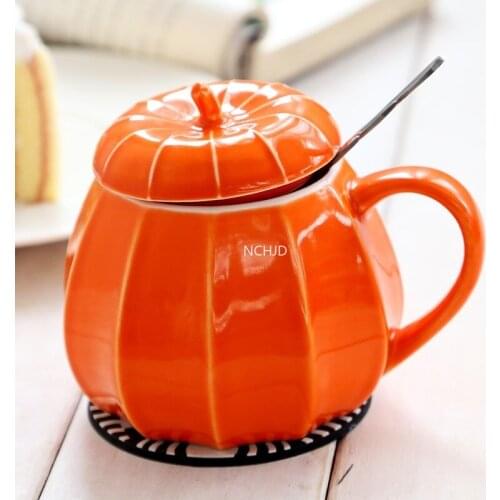 New Pumpkin Coffee Mugs Ceramic Milk Cup with Lid Breakfast Oatmeal Yogurt Mug Funny Pumpkin Cups Halloween Party Gifts Caneca