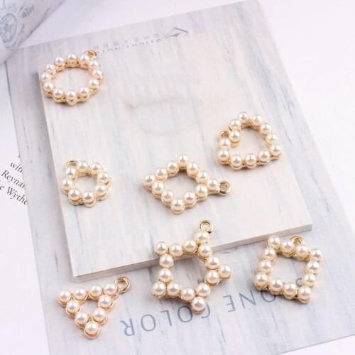 Wholesale 50PCS/Lot Imitation Pearl Flower/Heart/Circle Hollow Alloy Jewelry Charms Gold Color Alloy DIY Bracelet Keyring Charm