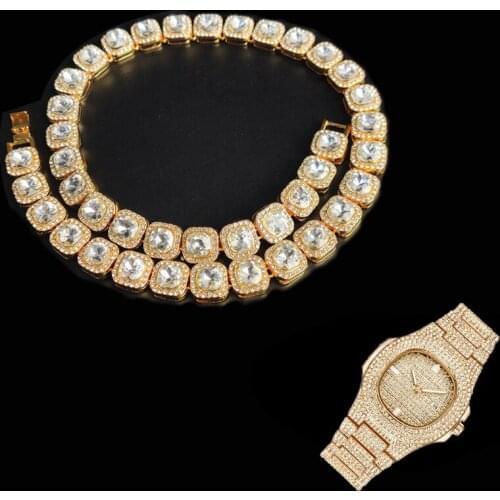 2pcs Kit 12.5MM Prong Micro Zircon Alloy Pave Cubic Bling Hip Hop Tennis Chain Necklace +Watch+Bracelet For Men Women Jewelry