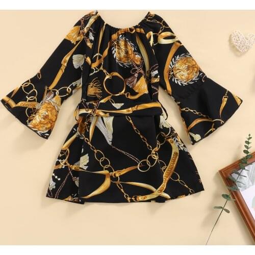 Baby Girl Print Dresses Floral Dress Summer Long Sleeve Round Neck High Waist Floral Loose Casual Party Black Midi