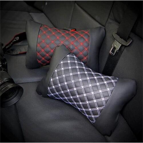 2 Pieces Car Red Wine PU Leather Headrest Neck Pillow Car Head Neck Pillow Seat Back Support Cushion