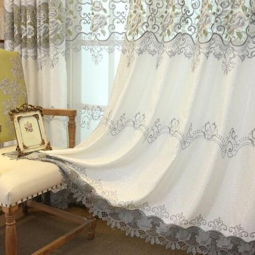 Semi Blackout Curtain Light Shading Sheer Curtain European Embroidery Tulle Curtain Window Grey Floral Sheer Luxury Valance