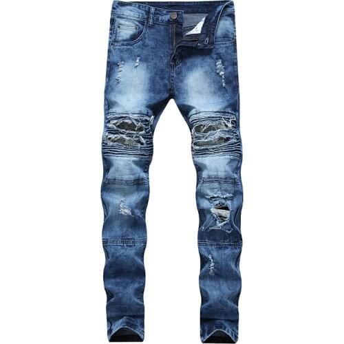 Dropshipping Fashion New 2021 Biker Jeans Mens Distressed Stretch Ripped Hip Hop Slim Fit Holes Punk Denim Cotton Pants