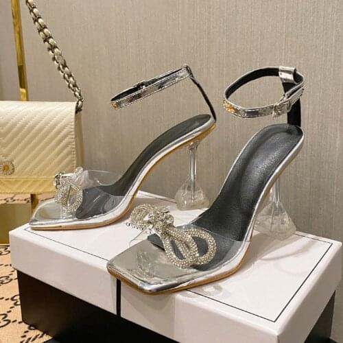 Sandals 2021 New Womens Summer Bow High Heels Womens Stiletto Heel Transparent Ankle-Strap Sexy Rhinestones Sandals
