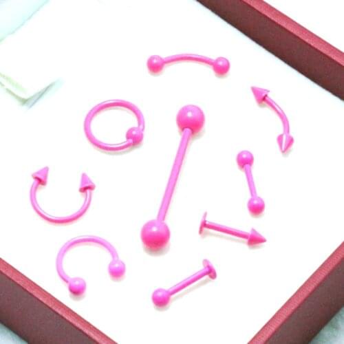 9pcs hot pink neon paint Stainless Steel Captive Eyebrow Nose Lip Labret Ear Ring Earring Tragus Tongue Piercing Body Jewelry