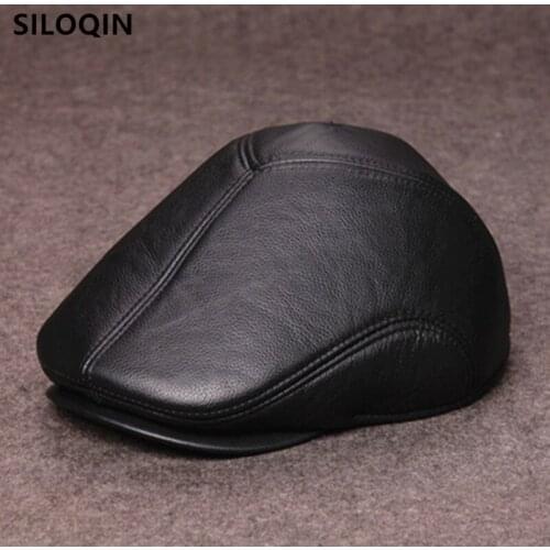 SILOQIN winter warm mens berets hats natural genuine leather hat Gorra de cuero cowhide leather cap new winter hat brands caps
