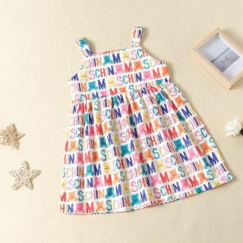 Sweet Girls Suspender Dress Summer Fashion Bear Letter Print A-line Princess Dresses Children Sundress for 2-7Years