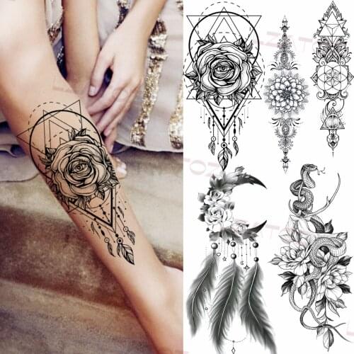 Geometric Eye Totem Rose Temporary Tattoos For Women Girl Henna Feather Snake Fake Tattoo Sticker Leg Forearm Transfer Tatoo
