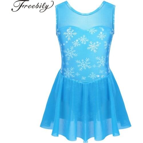 Kids Dance Wear Sleeveless Snowflake Pattern Mesh Splice Gymnastics Leotard Girls Ballet Costume Figure Skating Dress