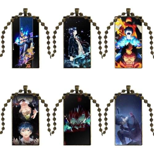 Jewelry With Bronze Plated Glass Cabochon Choker Long Pendant Rectangle Necklace For Men Women Blue Exorcist Anime
