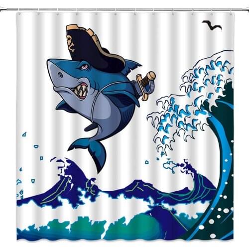 Bathroom Curtain Animal Shark Waves Pattern Waterproof Fabric Shower Curtain Bathroom Item Bathroom Shower Curtain &12 Hook
