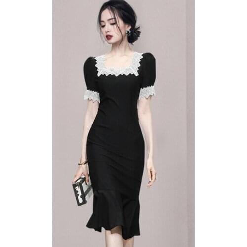 ZAWFL Korean Chic Temperament Retro Summer Puff Short Sleeve Square Collar Mermaid Dress Wrap Hip OL Sexy Fashion Vestido