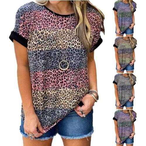 2021 Summer Leopard Print Shirt Women Patchwork Printed Top Tee V Neck Lace Short Sleeve Loose Shirt Fashion Casual Female Tops