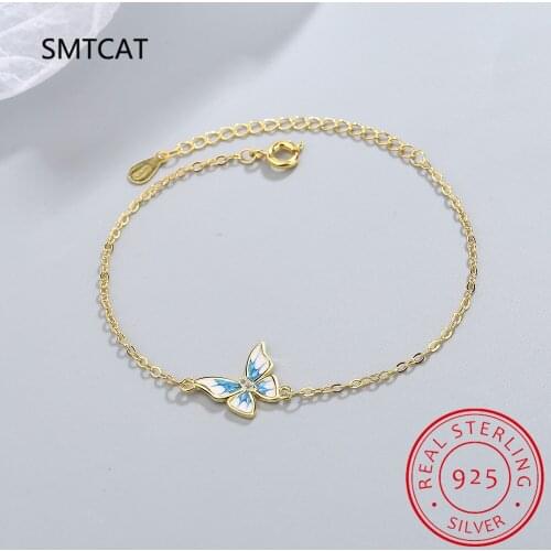 Real 925 Sterling Silver Romantic Cute Blue Butterfly Cuban Chain Charm Bracelet for Women Party Wedding Jewelry Gift