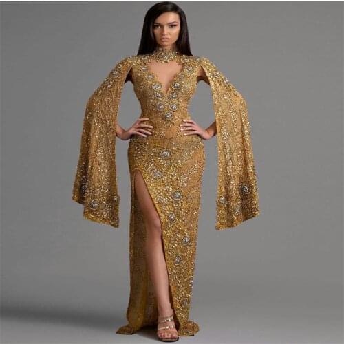 Gold Crystal Designer Sheath Evening Dress High Neck Sexy High-split Prom Dress Long Sleeves Sweep Train Custom Made Robe de soi