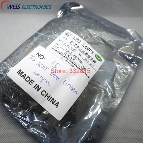 1000PCS F3 TRUE GREEN LED DIP-2 3MM ( FLAT )Water Clear LONG LEGS 3.0-3.2V 520-525NM 1500-2000MCD light emitting diode