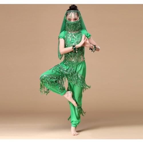 2018 Sari Children Indian Dance 4-piece Costume Set (Top, Belt, Pants and Head Pieces) Bollywood Dance Costumes for Girls