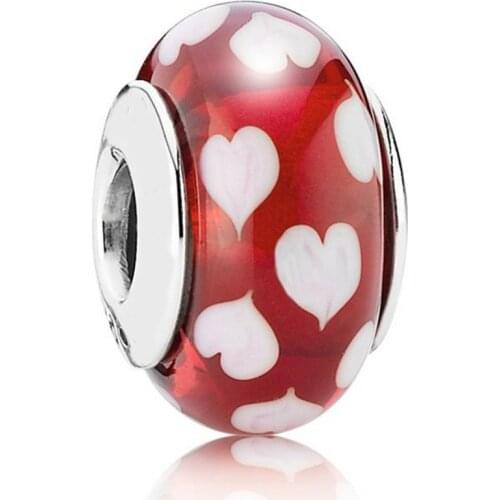 Authentic S925 Bead DIY Jewelry Murano Glass Charms fit Lady Bracelet Bangle Hearts Charm Lady Birthday Gift