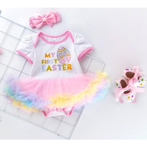 Cute Baby Girls Easter Party Clothing Cartoon Print Short Sleeve Romper Dress+Headwear+Shoes/Leg Sleeves 3Pcs Suit 0-24Months