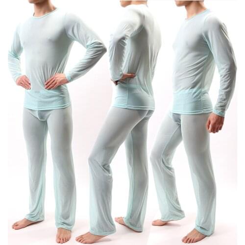 Mens Pajama Sets Men Pajamas Sexy See Through Ice Silk No Seaming Tee Thin Soft T-shirt & Long Pants Pajama Sexy Male Sleepwear