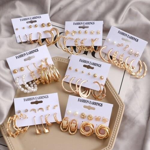 IPARAM Vintage Geometric Gold Metal Earrings Set For Women Punk Pearl Dangle Drop Earrings 2021 Trend Set of Earrings Jewelry